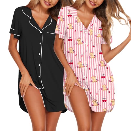 Ekouaer Nightgowns for Women 2 Pack Button Down Sleepwear Soft Sleepshirts | Soft Fabric, Notched Collar Night Gown, Button Labor and Delivery Gown, Perfect for Sleep, Postpartum, Nursing, Daily Wear