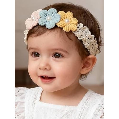Handmade Baby Girl Headbands in Beige and Pink Lace Flowers for Newborns and Toddlers Cute Baby Girl Flowers and Newborn Headbands (Pink blue and yellow flowers, One Size)