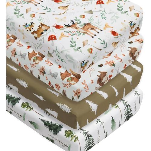 4 Pack Woodland Forest Animals Wood Neutral Unisex Fitted Baby Crib Sheets Set for Baby Boys or Girls (Beer, 52 * 28)