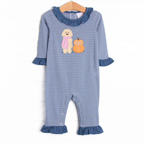 Autumn Fest Friend Applique Ruffle Romper, Navy – Stitchy Fish