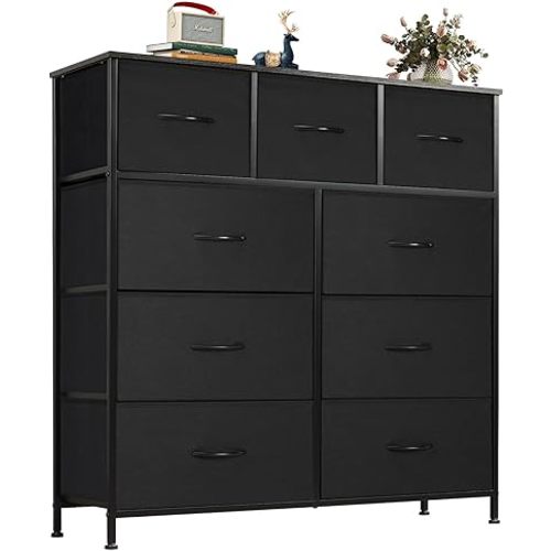 OLIXIS Organizer Storage 9, Chest of Drawers with Fabric Bins, Tall Dresser with Wood Top for Bedroom, Closet, Entryway, Black