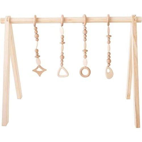 Poppyseed Play Wooden Baby Play Gym, Montessori Activity Center for Infants, Natural Wood Frame with 4 Hanging Toys, Foldable Baby Gym for Floor Play, Tummy Time & Early Development, Ages 0–12 Months