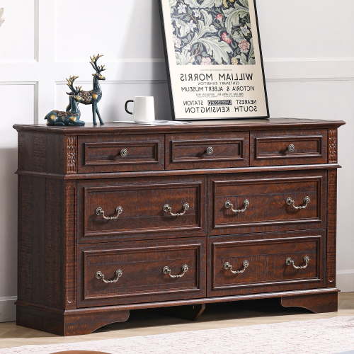FIAKOA 7 Drawer Dresser for Bedroom, 55” W. Wood Farmhouse Tall Storage Chest of Drawers for Livingroom, Walnut Brown