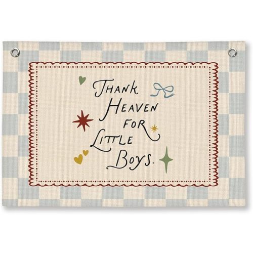 Boys Nursery Decor, Thank Heaven for Little Boys Linen Banner, Baby Shower, Vintage Canvas Wall Hanging, Blue Baby Room Decoration, 30x20 inchs