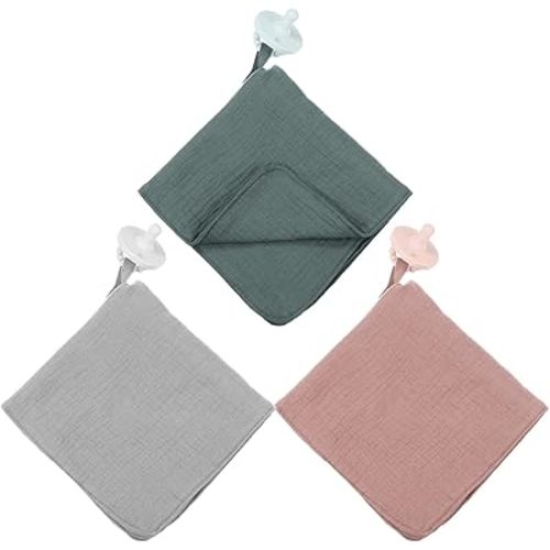 3 Pieces Organic Cotton Muslin Baby Blanket with Snap Closure Pacifier Blanket Loveys for Babies Mini Baby Lovey with Holder Security Blanket (Pacifier Not Included)