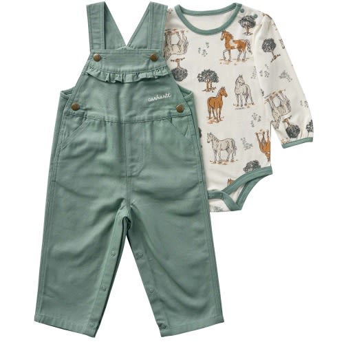 Girls' 2-Piece Long Sleeve Printed Bodysuit & Canvas Overall Set (Baby)