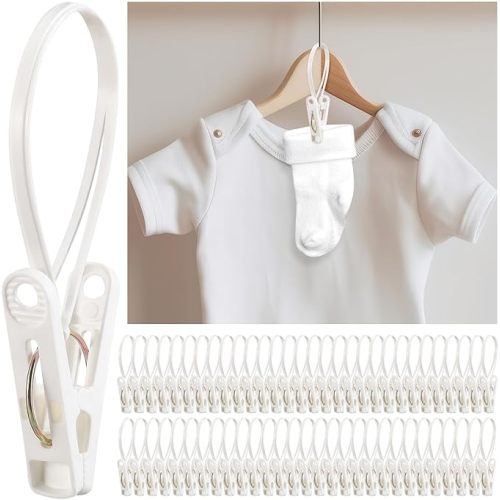 Honeydak 60 Pack Multi-Purpose Laundry Hooks Hanging Clips Bulk with Plastic Rope Hanger Clips for Baby Clothes Closet Organizer for Pants Hat Sock Boot Bra Towel Bathroom Wardrobe Kitchen, White