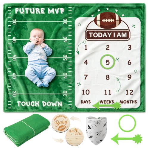 Football Monthly Milestone Blanket for Baby Boys Flannel Blanket | Newborn Infant Swaddle Baby Growth Blanket Photography Background with Wooden Signs,Frames,Bib