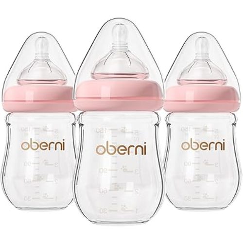 Oberni Anti-Colic Glass Baby Bottle, 5oz/150ml with Natural Response Slow Flow Beast-Like Nipple for 0-3 Months Newborn Babies Milk Feeding, Pink/3 Pack