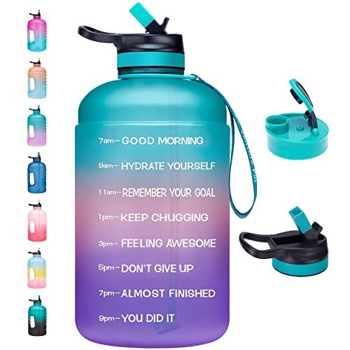 Venture Pal Half Gallon Water Bottle with 2 Lids, Large 64 oz Water Jug with Motivational Time Marker to Ensure You Drink Enough Water-Green/Pink/Purple Gradient