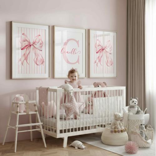Pink Bow Art Set of 3: Custom Initial Name Prints for Coquette Nursery Decor