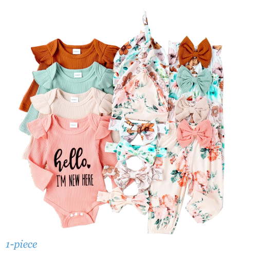 Emy Dola Baby Girl 4Pcs Clothes Set Newborn Infant Ruffle Ribbed Romper + Floral Pants + Headband + Hat Outfits for Girls