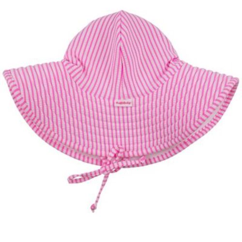 RuffleButts Girls UPF50+ Sun Protected Swim Hat - Neon Pink Seersucker, 0-12m