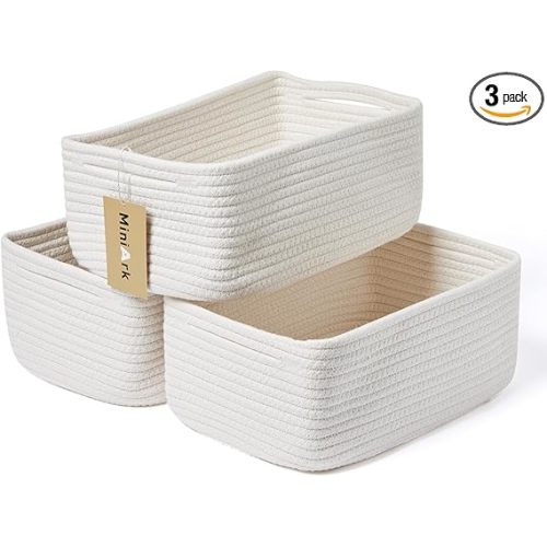 Small Storage Baskets for Organizing | Closet Organizer Bins | Shelf Toy Basket | Woven Rope Baskets | Cube Decorative Box | Shallow Basket | 13x8.5x5.1” | 3 Packs Off White