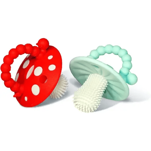 RaZbaby Soft Silicone Infant & Baby 3M+ Teether Toy Massaging Bristles Teething Relief Pacifier - Soothes Sore Gums - Hands-Free & Easy-to-Hold Chompy Teether, BPA Free (RED/Blue)