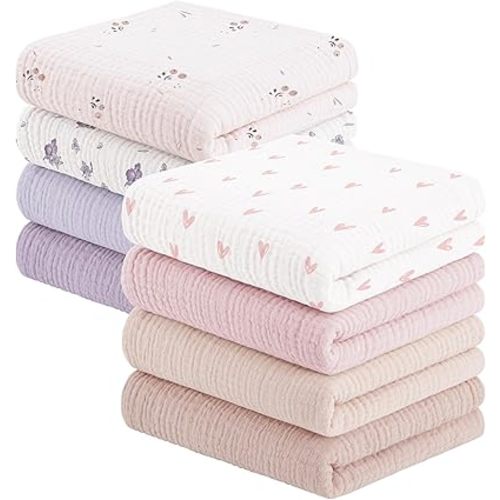 Susurration Muslin Baby Washcloths 23x23inch, Large Ultra-Absorbent 100% Cotton Baby Bath Wash Cloth Burp Cloth Soft Breathable Face Towel for Newborn Baby Boy and Girl, 8Pack (Flowery)