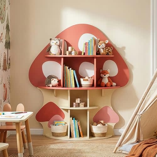 Karl home Children Mushroom Bookcase, Red-Orange | Toddler Tree Bookshelf, Montessori Toy Storage, Display Shelf for Kids Room, Bedroom, Nursery, Playroom
