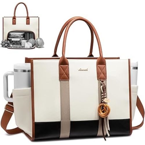LOVEVOOK Work Tote Bag with Lunch Compartment with Giant Tumbler Holder,15.6 Inch Waterproof 3 in 1 Lunch Bag Women Men Laptop Bag Purse Tote with Padded Sleeve for Teacher,Nurse,College,Travel,Office