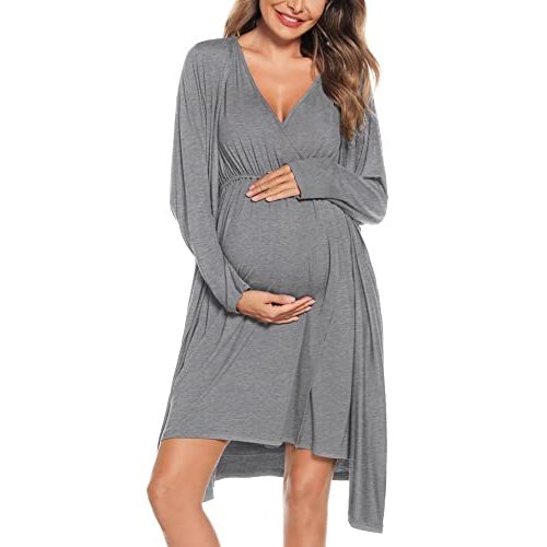 SWOMOG Women Maternity Nursing Gown and Robe Set 3 in 1 Labor Delivery Nursing Nightgown for Breastfeeding Hospital Bathrobe