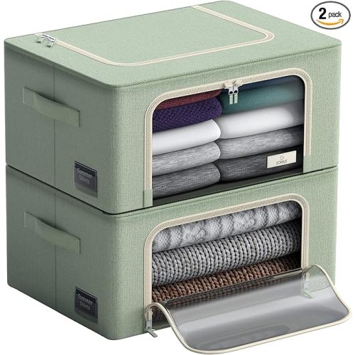 Storage Bins with Metal Frame - Stackable & Foldable Clothes Organizer Bags - Oxford Fabric Storage Containers with Large Clear Window & Carry Handles, Bedroom Organization for Bedding & Linen