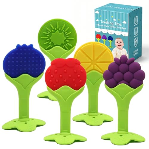 5 PCS Fruit Teething Toys for Babies, Colorful Silicone Baby Teethers with Fun Shapes - Easy Grip,Freezer Safe for Infants and Toddlers 3+ Months Teething Relief