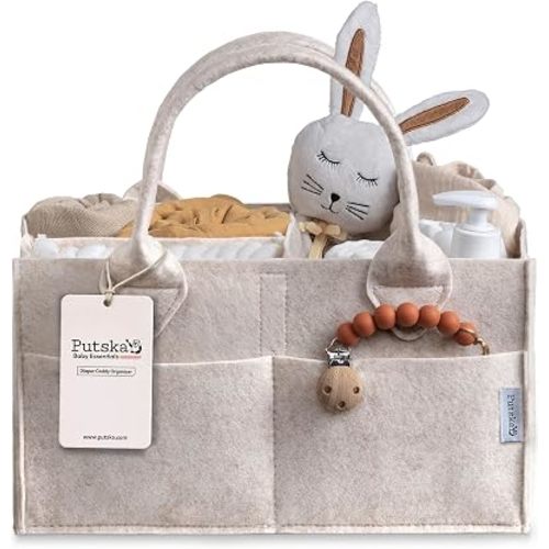 PUTSKA Baby Diaper Caddy Organizer, Felt Nursery Basket, Mocha, Large