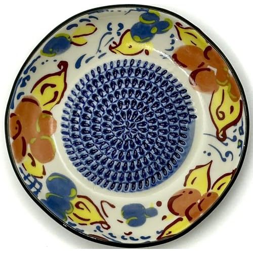 BonCera, All-in-one Premium Ceramic Garlic Grater Plate 4-Piece Set - Artisan Flower Blue Center Design - For Garlic, Ginger, Chocolate, and more! - Comes with 5" Plate, Peeler, Brush, and Stand