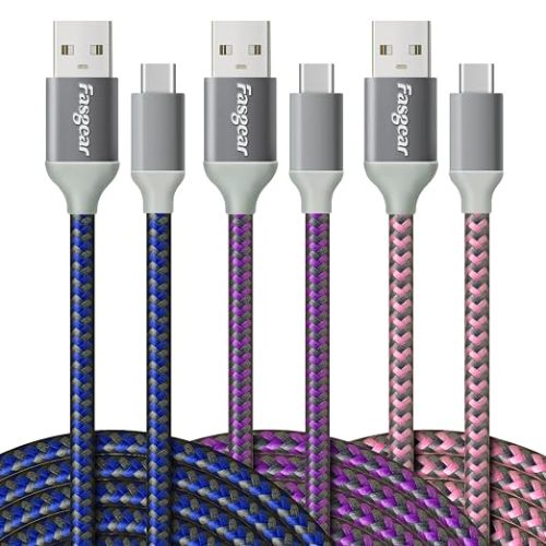 Fasgear USB C Cables 3m - 3-Pack USB A to C Braided Cord(Blue,Purple,Pink) | USB 2.0 Durable Fast Charging Type C Cords Compatible for Galaxy S21/S20 Ultra/Note 10/A10, Moto Z2, LG V30/G6 etc.