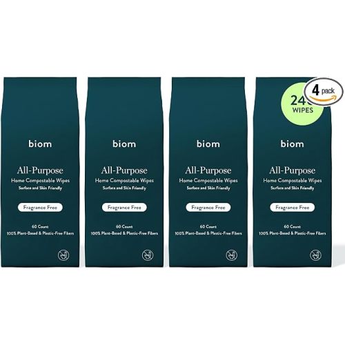 Biom All-Purpose Cleaning Wipes Refill (4pk x 60ct Each)- Fragrance Free - Biodegradable, All Natural, Plant-Based, Non-Toxic Wipes for Home & Travel - Kid & Pet Friendly