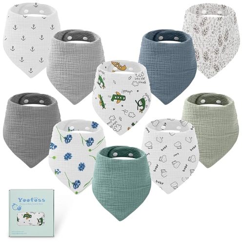 Yoofoss Baby Muslin Bibs 10 Pack Bandana Drool Bibs for Boys Girls Neutral, 100% Cotton Soft Absorbent Baby Bibs for Teething Drooling, Plants - Green Plants