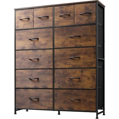 Tall Console Table, 12 Drawers, Entryway Storage, Rustic Brown
