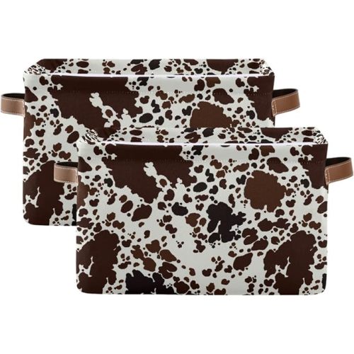 Storage Basket Cow Print Rectangular Collapsible Canvas Shelves Storage Bins with Leather Handles for Shelves Home Closet Bedroom Living Room, 2Pack