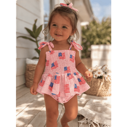 Muslin Smocked Bubble w/ Skirt, American Flag Pink