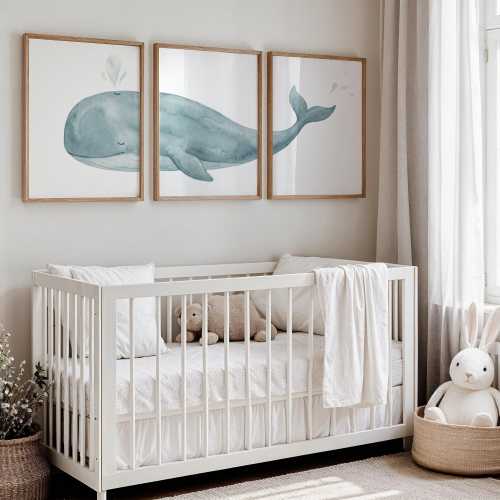 Whale Nursery Wall Art, Ocean Theme Prints, Coastal Decor, Nautical Kids Room, Blue Grey Watercolor Set of 3
