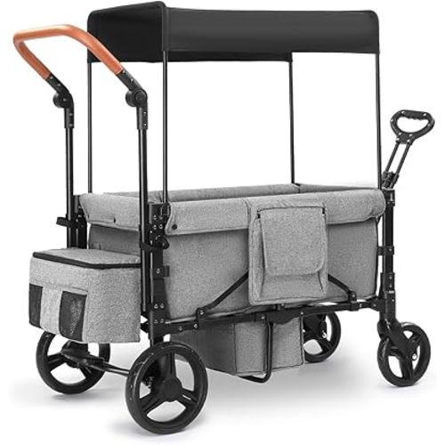 Wagon Stroller for 2 Kids, 3 in 1 Push and Pull Foldable Wagon with Footwell, All-Terrian Wheels, Includes Adjustable Canopy, Ample Organizer, 5 Point Harness