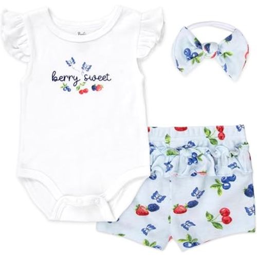 Baby Infant Girl 3 Piece Outfit Short Set with Ruffle Sleeve Bodysuit, Shorts & Headband – Spring & Summer Gift Collection