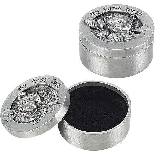 FINGERINSPIRE 2 PCS My First Curl & Tooth Bear Keepsake Box - 1.3inch Inner Size Antique Silver Baby Teeth Collection for Childhood Memory, Alloy Tooth Holder and Curl Organizer Set