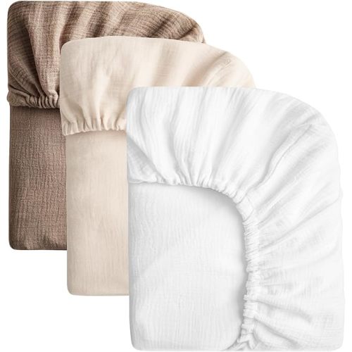 SOULFUL Muslin Crib Sheets for Boys Girls, 3 Pack Soft and Breathable Cotton Fitted Crib Sheets for Standard Crib Mattress (28"x 52", White & Beige & Brown)