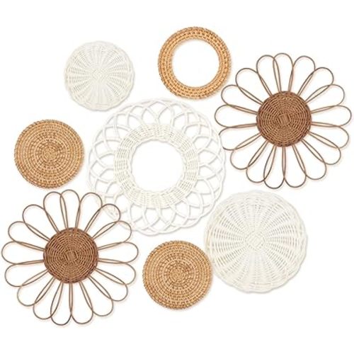 YIYA Set of 8 Boho Wall Decor Rattan Flower Wall Basket Decor Round Hand Woven Rattan Wall Art for Handmade Wall Art For Living Rooms Farmhouse Living Rooms Nursery