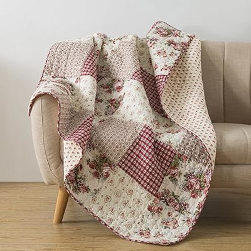 SLPR Cotton Quilted Throw Blanket, 50" x 60" Floral Farmhouse Patchwork Quilt, Shabby Chic Patchwork Throw Lap Quilt for Couch, Country Roses