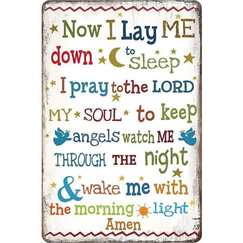 Now I Lay Me Down to Sleep Prayer Tin Sign Christian Bible Verse Vintage Metal Signs Wall Art Decor Plaque for Kids Living Room Bedroom,8×12 inch