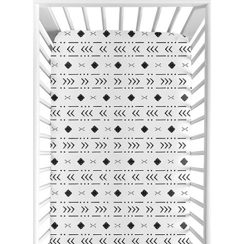 Sweet Jojo Designs White Black Boho Tribal Mudcloth Boy Girl Fitted Crib Sheet Baby or Toddler Bed Nursery - Black and White Woodland Bohemian Southwest Geometric Arrow Gender Neutral Aztec Mud Cloth
