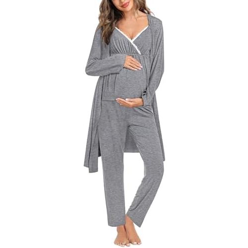 SWOMOG Maternity Nursing Robe Set 3 Piece Breastfeeding Pajamas 3 in 1 Labor Delivery Sleevless Tops&Long Pants Pregnancy Pjs