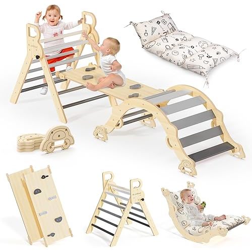 BlueWood Pikler Triangle Set with Cushion, 8-in-1 Climbing Toys for Toddlers, Montessori Philosophy Play Jungle Gym with Arch, Ramp, Ladder(Elegant Gray)