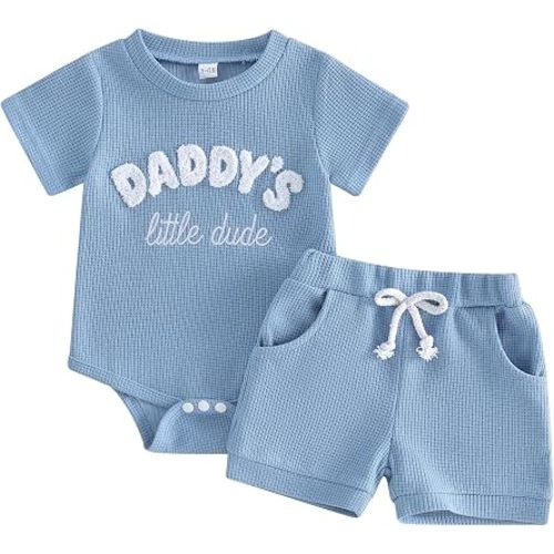 Baby Boy Clothes Daddy's Mini Waffle Knit Romper Shorts Set