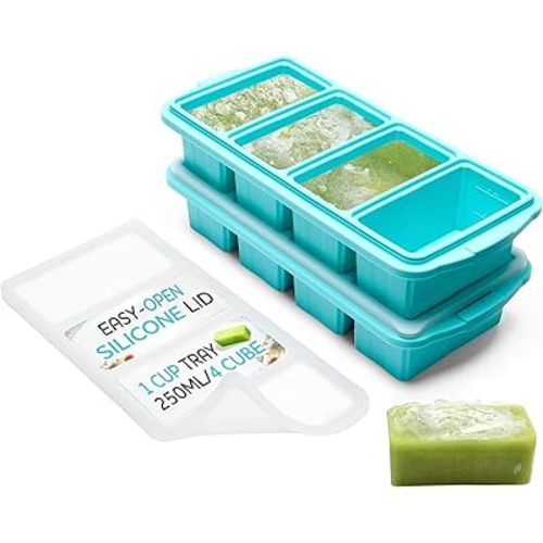 Silicone Freezer Tray With Lid - Soup Freezer Container molds - Large Ice Cube Tray- makes 8 perfect 1 cup portions cubes, 2-Pack Freezer Storage Food Soups & Meal Prep - Oven & Dishwasher -Safe