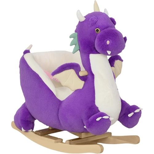 Qaba Baby Rocking Horse, Kids Ride on Dragon Toy with Realistic Dragon Roar and Safety Belt, Plush Animal Rocker for Kids 18–36 Months, Purple