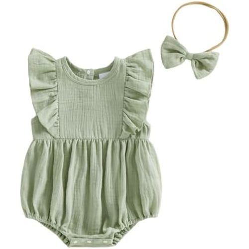 Douhoow Infant Baby Girl Summer Clothes Flying Sleeve Crew Neck Baby Girl Romper with Bow Headband