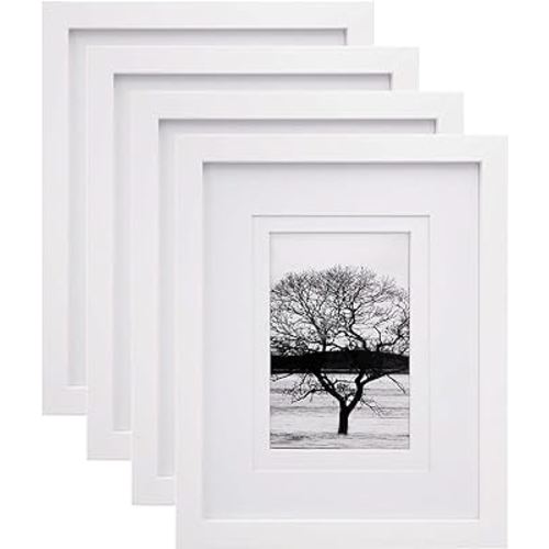 Egofine 8x10 Picture Frames Set of 4, Made of Solid Wood Covered by Plexiglass 4x6 and 5x7 with Mat or 8x10' without Mat, for Table Top Display and Wall Mounting Photo Frame White