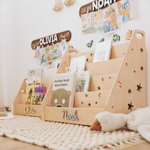 Montessori Bookshelf with Stars Boho Nursery Bookshelf Wooden Book Starage For Children Minimalist Kids Furniture Grandson Gift